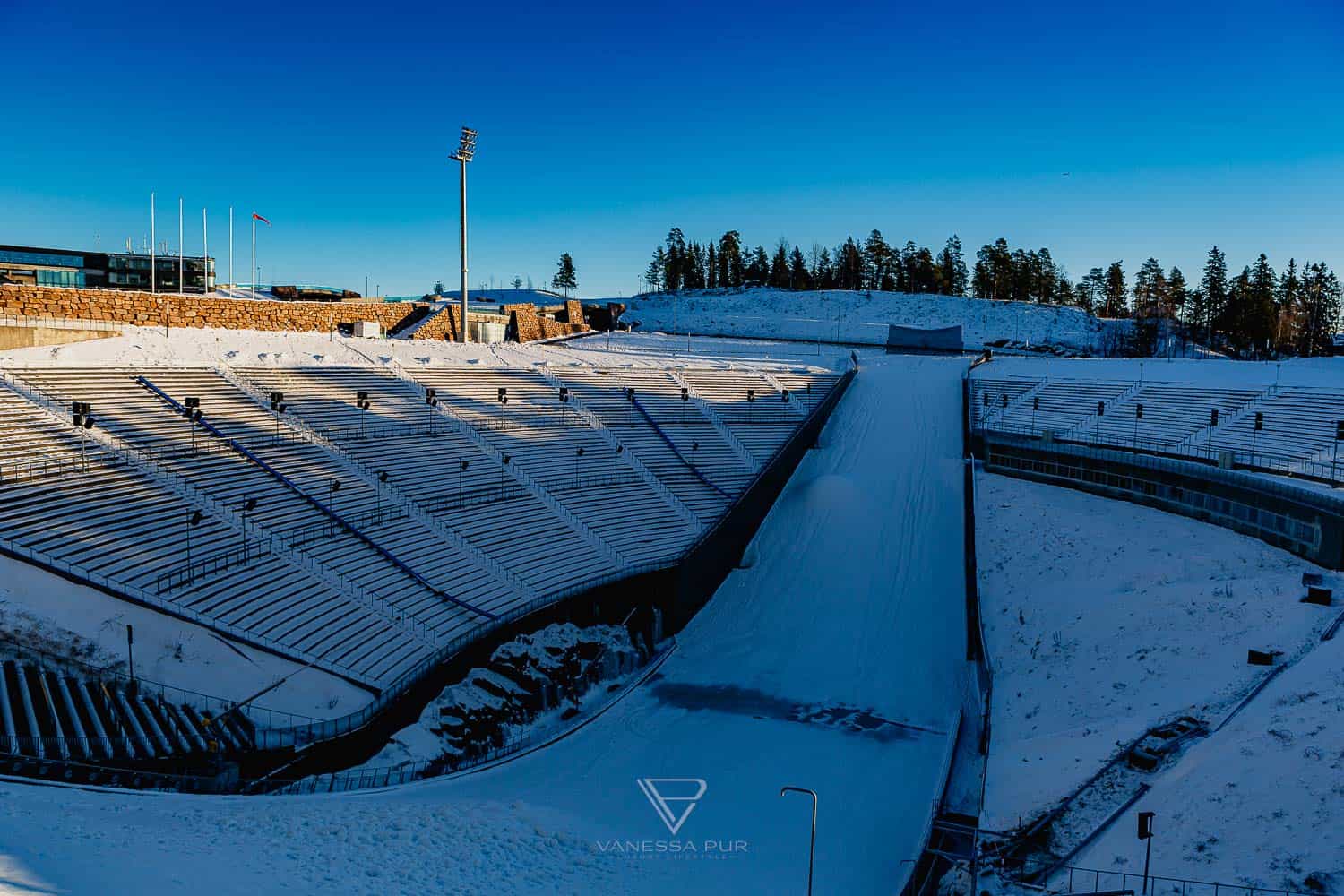 Sightseeing Oslo - Holmenkollen - view ski jump - Holmenkollen ski jump view over Oslo as winter sports place. Top sightseeing and travel tips Oslo. View from the ski jump, Sightseeing Oslo