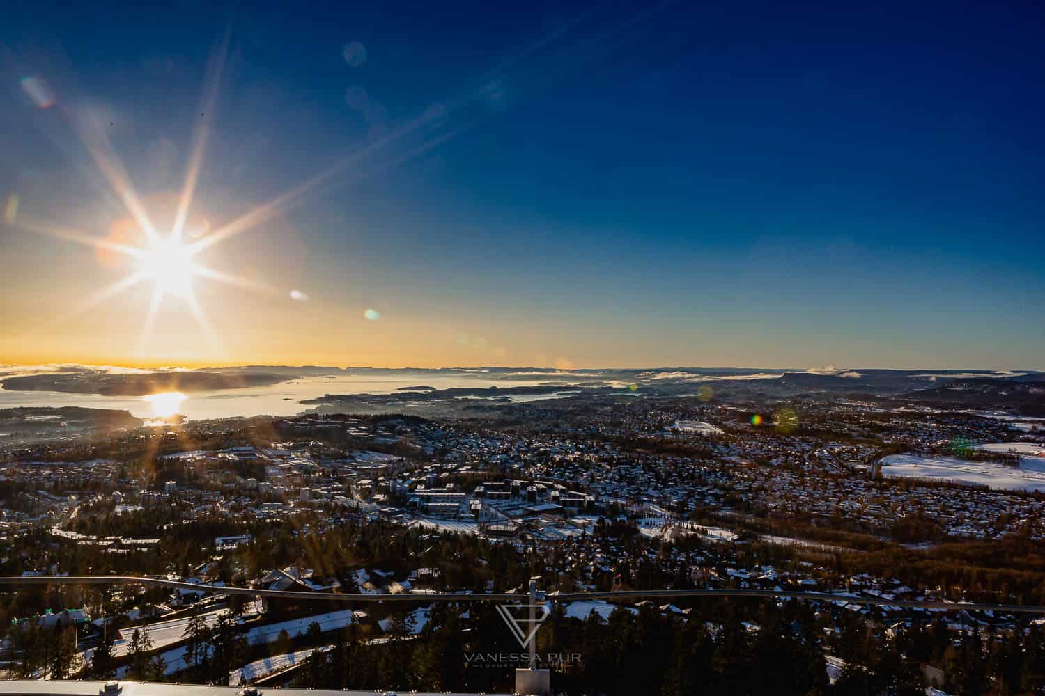 Sightseeing Oslo - Holmenkollen - view ski jump - Holmenkollen ski jump view over Oslo as winter sports place. Top sightseeing and travel tips Oslo. View from the ski jump, Sightseeing Oslo